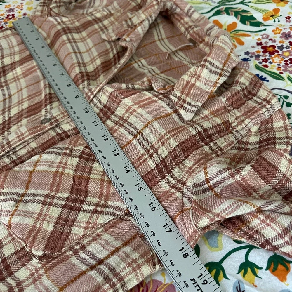 Free People Plaid Button Up Shirt Womens Small Pink Cream Orange Long Sleeve